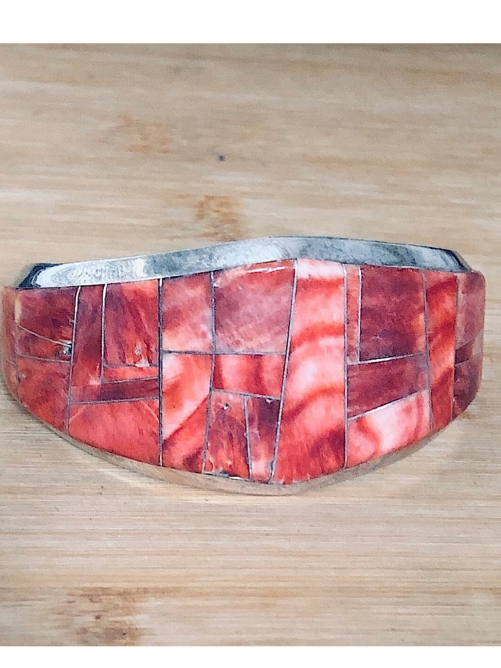 Red Inlay Spiny Oyster & Sterling Silver Statement Cuff Bracelet by Elaine Yazzi
